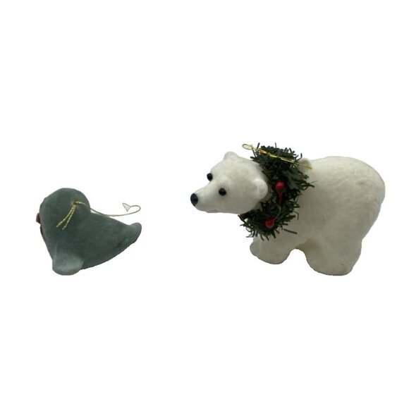 2 Fuzzy Christmas Ornaments Seal & Polar Bear Flocked Holiday Decor Kitsch Retro - Picture 2 of 12